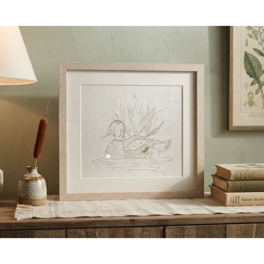 Vintage 1950s Duck Needlepoint Textile Art White Embroidery 14x11 Unframed